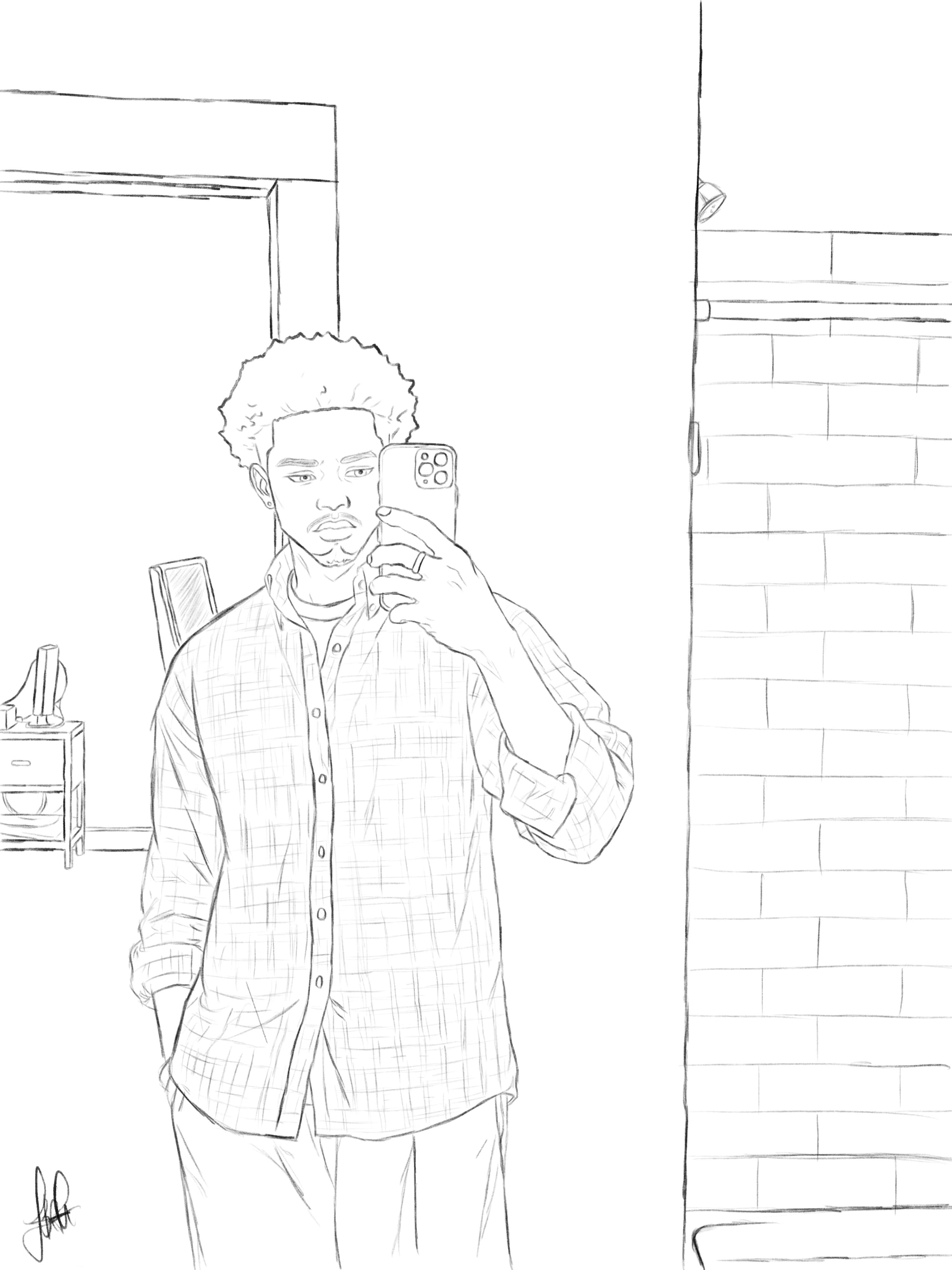 Mirror Check: a self-portrait caught mid mirror selfie, phone still raised
