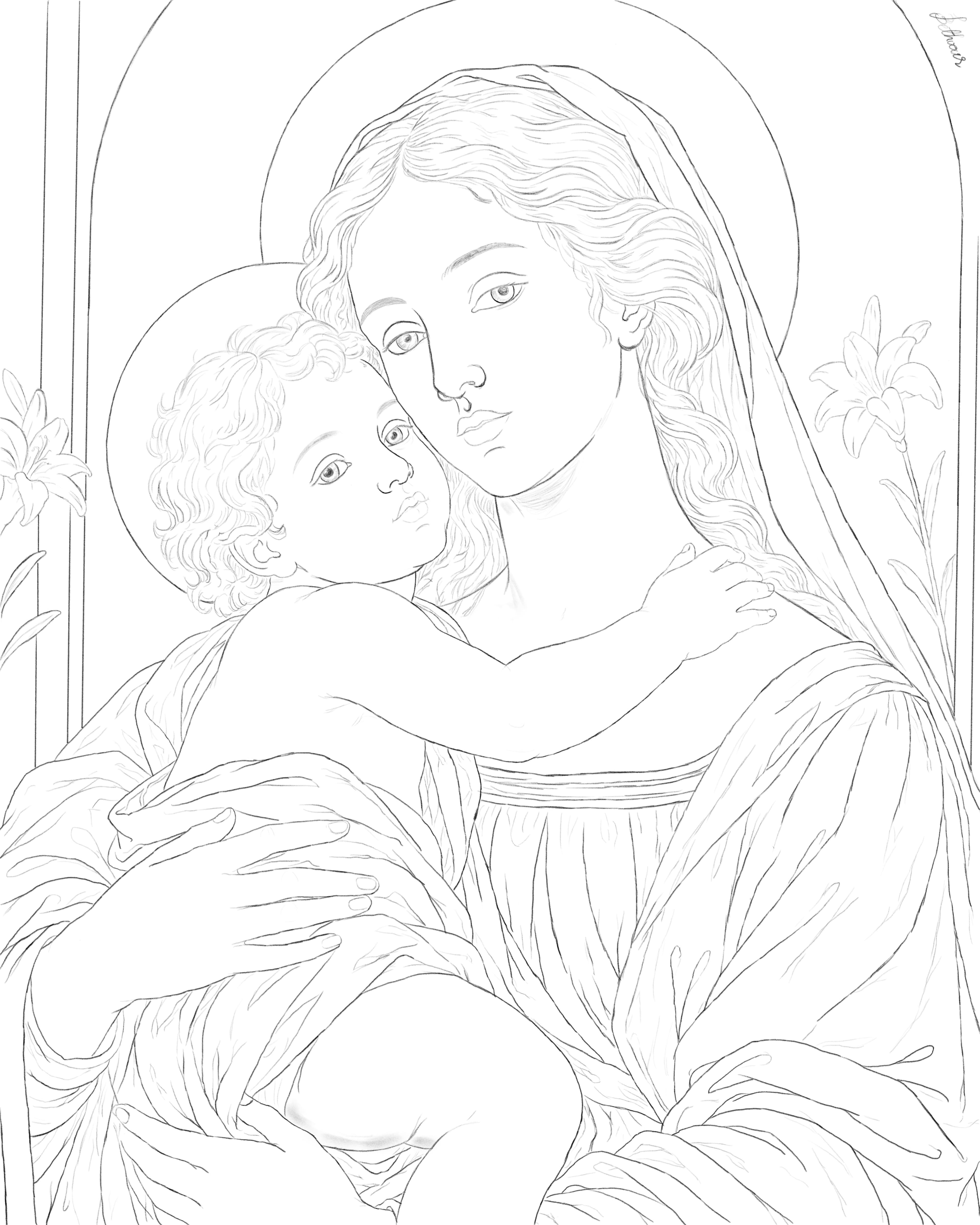 Mother and Son: a line study of a Madonna and Child