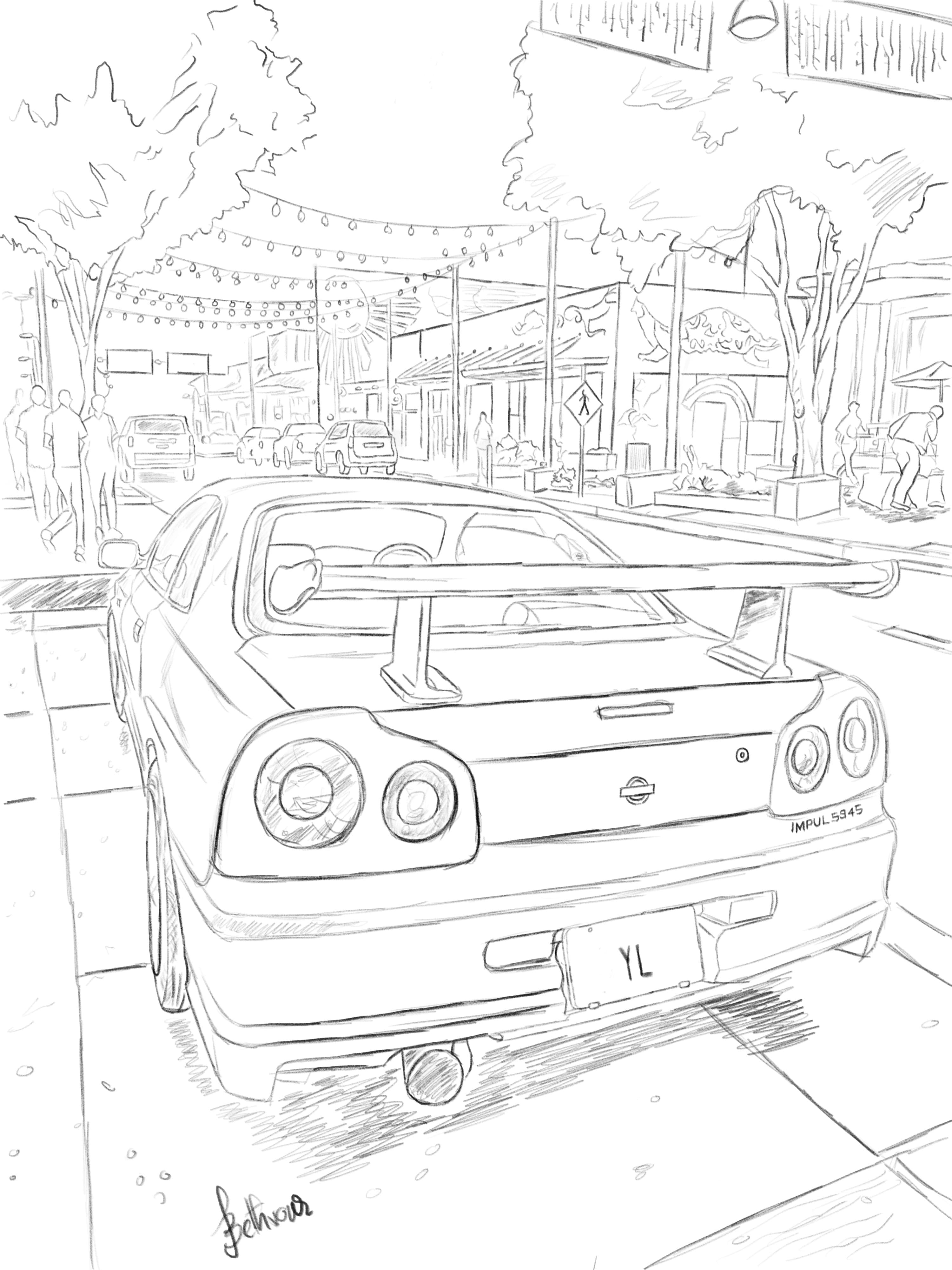 Skyline: an R34 parked under string lights, the street carrying on behind it