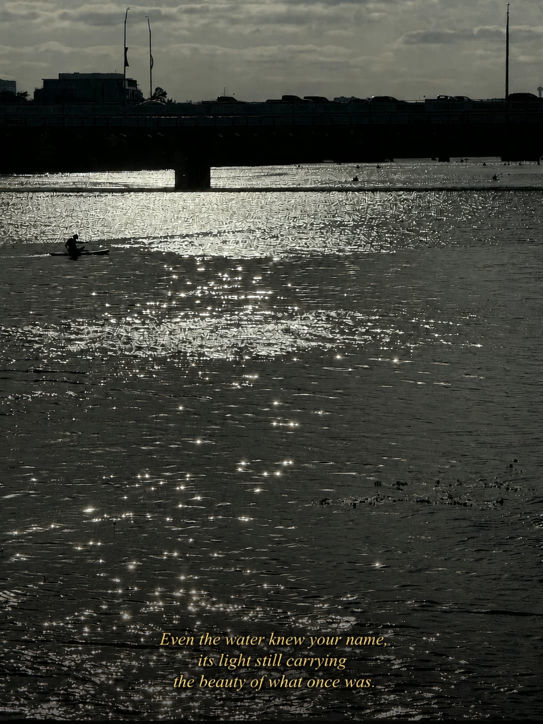 By the Sea: a lone rower drifts through light scattered across the water, beneath a bridge