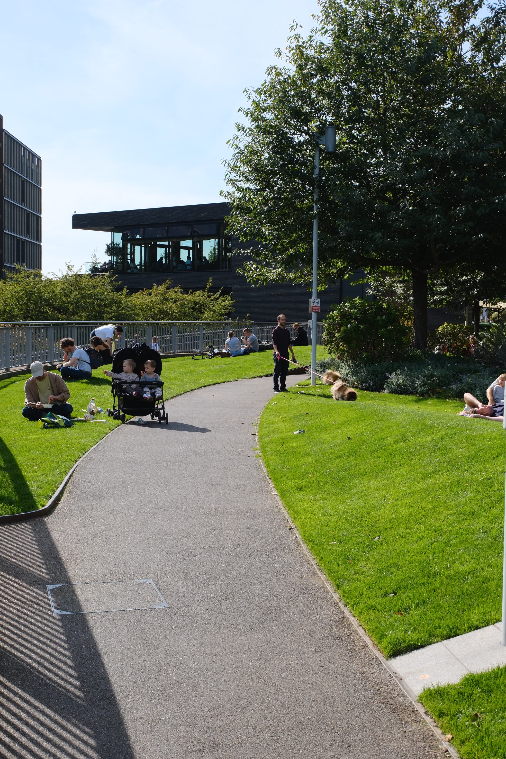 A curving path through a sunny park lawn, people picnicking and a twin stroller on the path
